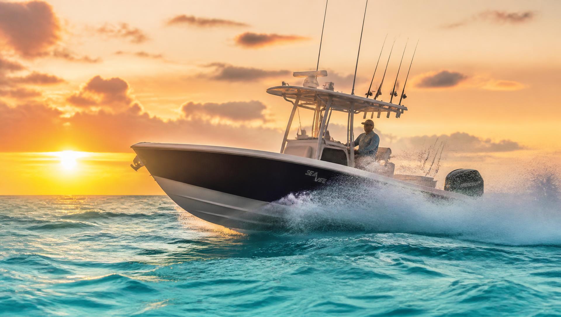 Sport fishing boat running through turquoise Gulf water at sunrise